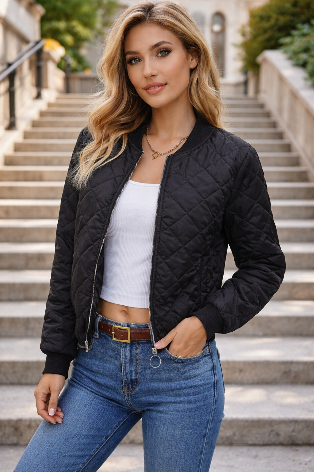 Svart Vattert Jakke Dame med Glidelås – LØVIA